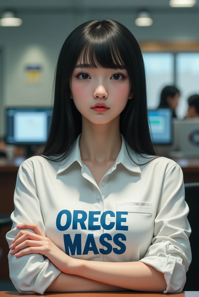 Create a realistic image of a young lady in a white shirt . That on the chest it is written in capital letters and blue : "CRECE MASS" in the right pocket. In addition, the young lady is sitting with her arms crossed in a financial institution.. With straight black hair and an oval face. White skin color big lips