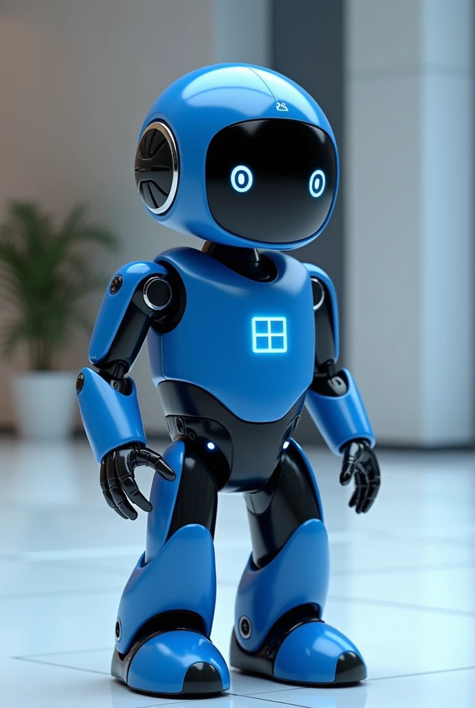 Small blue and black robot with MS logo and a microphone in its hands