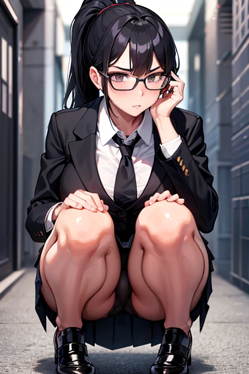 Adult woman, black hair, ponytail, teacher, formal suit, mini skirt, glasses, notebook in right hand, school corridor, large breasts, squatting to show panties, serious expression