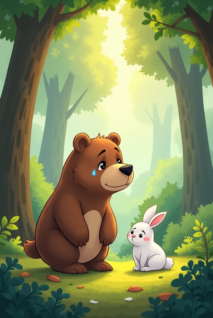 Create a cartoon image of a brown bear crying in the forest, and a white rabbit in a cartoon 
