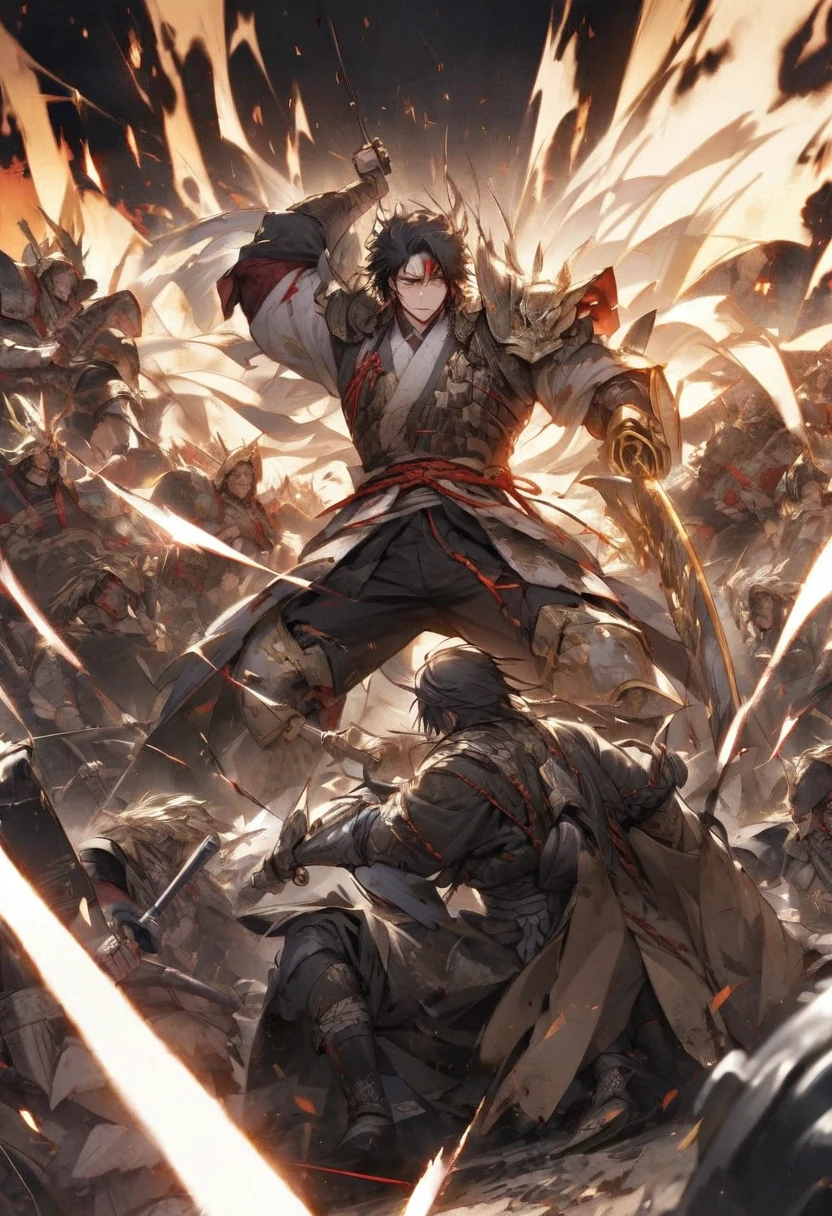 An intense moment of victory on a war-torn battlefield, as a one-eyed samurai leader turns an almost certain defeat into a decisive triumph. His forces, once on the verge of collapse, now surge forward with renewed strength, driving the enemy back. The leader stands resolute at the forefront, his determined expression and raised katana symbolizing the shift in momentum. The once chaotic battlefield is now filled with the triumphant cries of his warriors, the enemy fleeing in disarray."