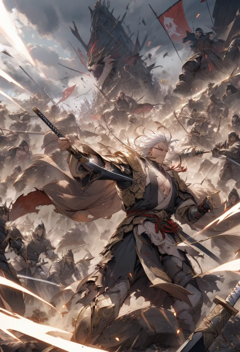 An intense moment of victory on a war-torn battlefield, as a one-eyed samurai leader turns an almost certain defeat into a decisive triumph. His forces, once on the verge of collapse, now surge forward with renewed strength, driving the enemy back. The leader stands resolute at the forefront, his determined expression and raised katana symbolizing the shift in momentum. The once chaotic battlefield is now filled with the triumphant cries of his warriors, the enemy fleeing in disarray."