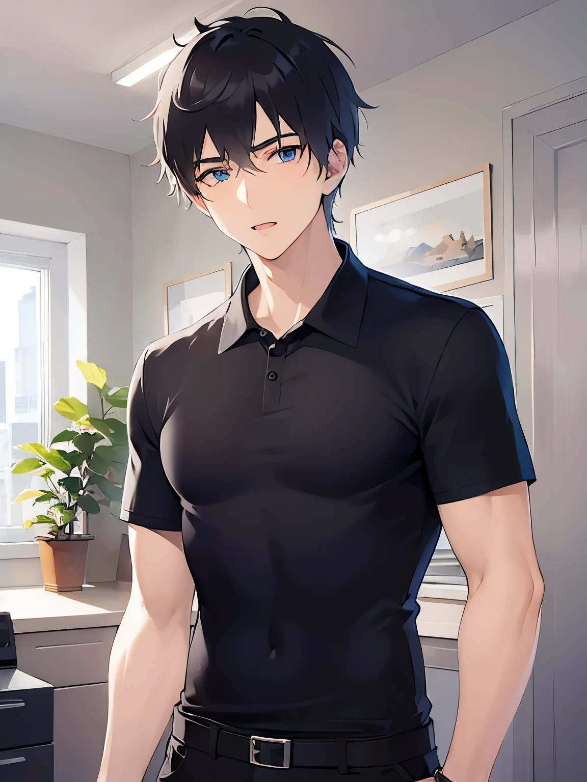 (2 male:1.5) and (Black short hair) and (blue eyes),wide eyes,upper body, shiny skin, masterpiece、Highest quality、 (black polo shirt), confused,open mouth,office、(alone:1.5)