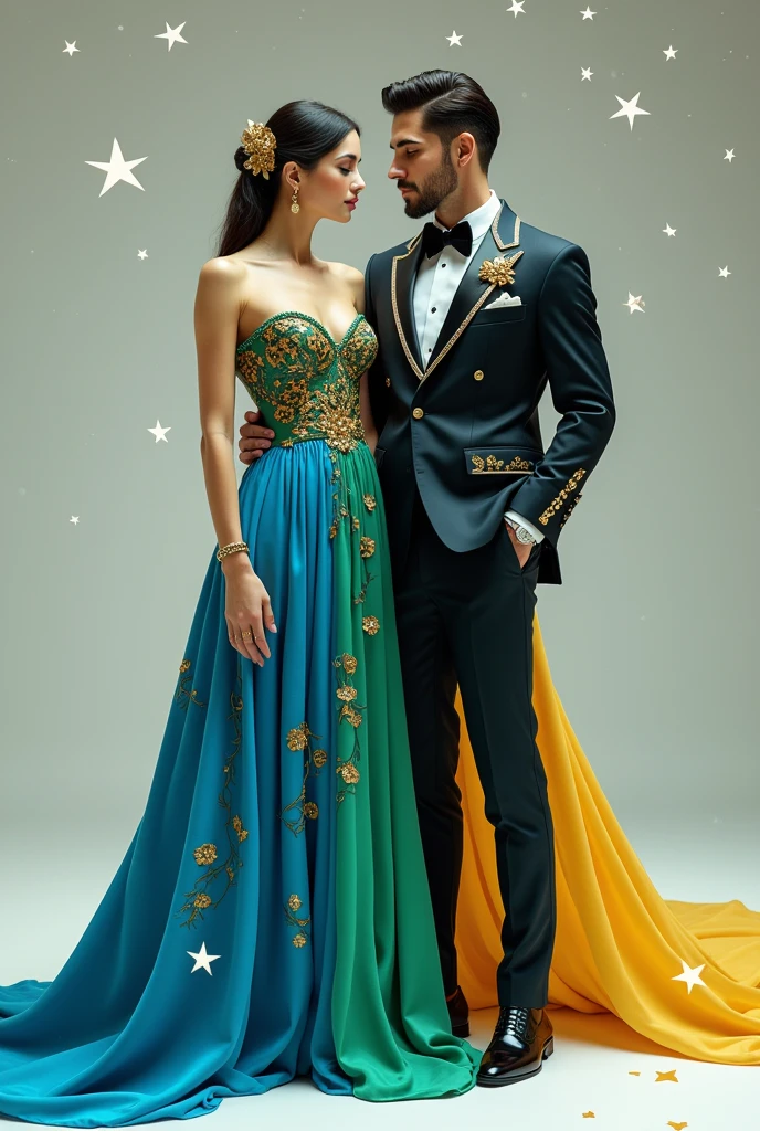 formal set. blue colors, green and yellow. Leopard print details in some parts. gold accents. white stars. Female and male version.
