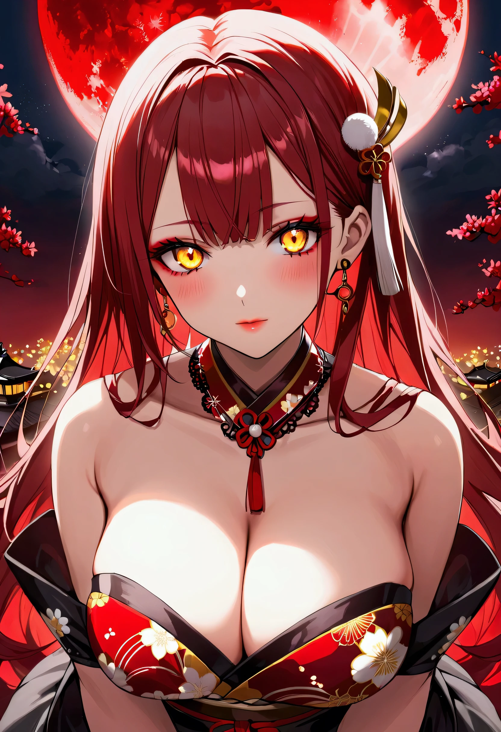 Create a beautiful red night with a red moon, red hair, yellow eyes, young beautiful japanese girl, cleavage, busty,
