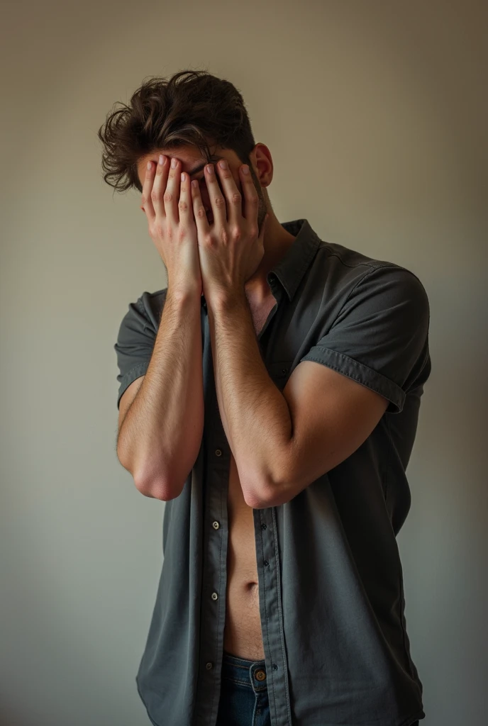 naughty man , posing for photo , covering face