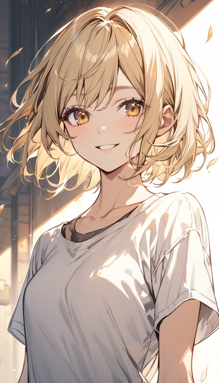 Nice, Lonely, short hair, Golden Eyes, blonde, white, smile, front, Upper Body