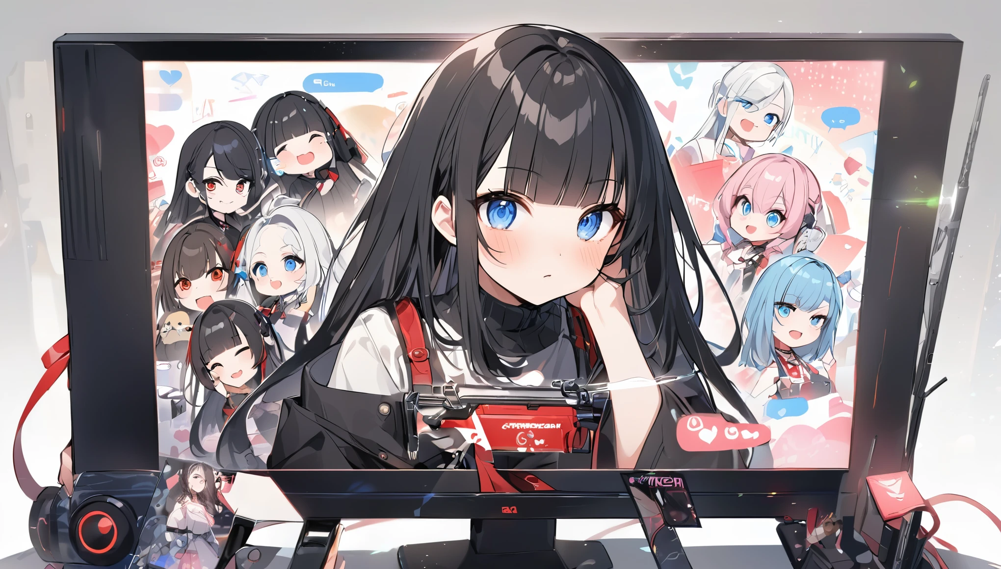 手を振る、悲しい、I play at music habs、iDOL、Japanese sword、rifle、gun、Virtual Character Design,Black Hair、blunt bangs、Straight Hair, face, Modern design, 1 female,Sexy concept,
A Vtuber livestream scene featuring a Japanese Vtuber with long black hair and blue eyes, wearing a black outfit with some red accents and multiple accessories. The Vtuber has a serious yet slightly playful expression and is adjusting her hair with both hands. The screen shows the Vtuber on the right side, with a lively chat box on the left side, where messages in English and Japanese are visible. The top left corner has the Vtuber’s Twitter handle and hashtag, while the top right displays the current time as 21:53. The overall style is modern and clean, capturing the essence of a real-time Vtuber interaction with a large audience.