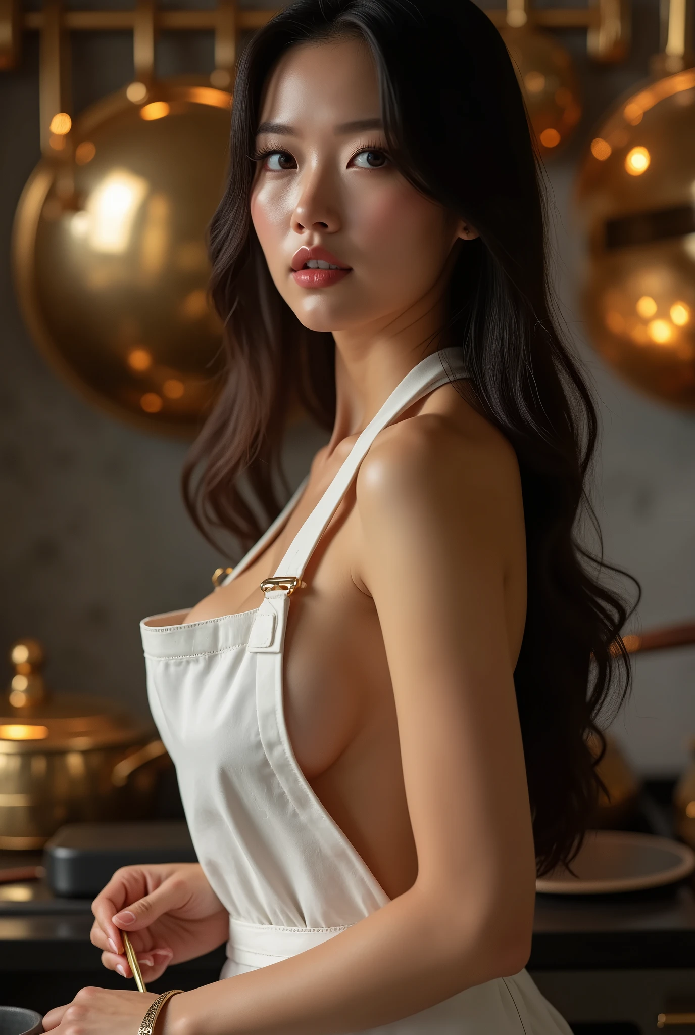 a pretty asian woman is cooking in the kitchen, fancy brass pots and pans, long straight dark hair, she is topless, large breasts, (white apron, ((((sideboob)))))