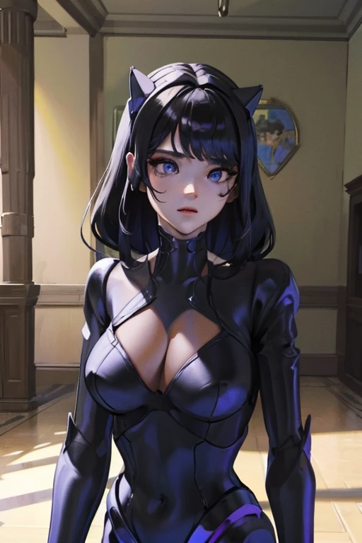 (masterpiece),(Highest quality),(Super detailed),(Best illustrations),(Best Shadow),(Absurd),(Detailed Background),(so beautiful), 16K, 8K, 4K,(Best Shadow),empty eyes,robotization,woman ,big bust,Robot Joint ,Metal skin,Black Suit,long hair,a black suit that covers the whole body,robot hand,cyber bodysuit,metal cat ear