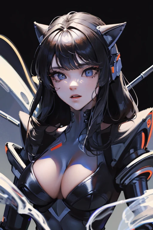 (masterpiece),(Highest quality),(Super detailed),(Best illustrations),(Best Shadow),(Absurd),(Detailed Background),(so beautiful), 16K, 8K, 4K,(Best Shadow),empty eyes,robotization,woman ,big bust,Robot Joint ,Metal skin,Black Suit,long hair,a black suit that covers the whole body,robot hand,cyber bodysuit,metal cat ear
