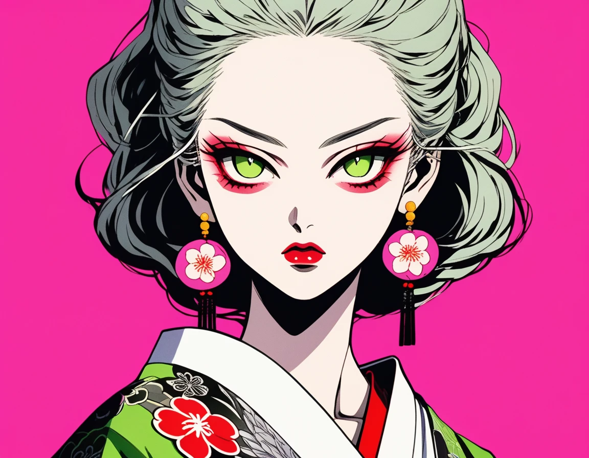 (Highest quality, sketch:1.2),Authenticistic,Illustrator,anime,1 girl, Detailed lips,custom,,Neon Hair,Texture Clipping,masterpiece, style: Retro Classic, Dark Black、Gray Hair、Silver Hair、Fair skin、Pink lips、Kimono with tank top、Red eyeshadow on the outer corner of the eye、Super Beauty、beautiful、Yellow-green eyes、Shocking pink plum blossom background、A little angry face