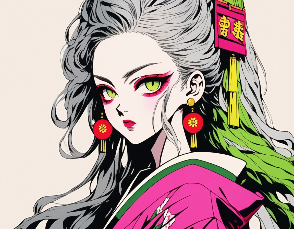 (Highest quality, sketch:1.2),Authenticistic,Illustrator,anime,1 girl, Detailed lips,custom,,Neon Hair,Texture Clipping,masterpiece, style: Retro Classic, Dark Black、Gray Hair、Silver Hair、Fair skin、Pink lips、Kimono with tank top、Red eyeshadow on the outer corner of the eye、Super Beauty、beautiful、Yellow-green eyes、Shocking pink plum blossom background、A little angry face