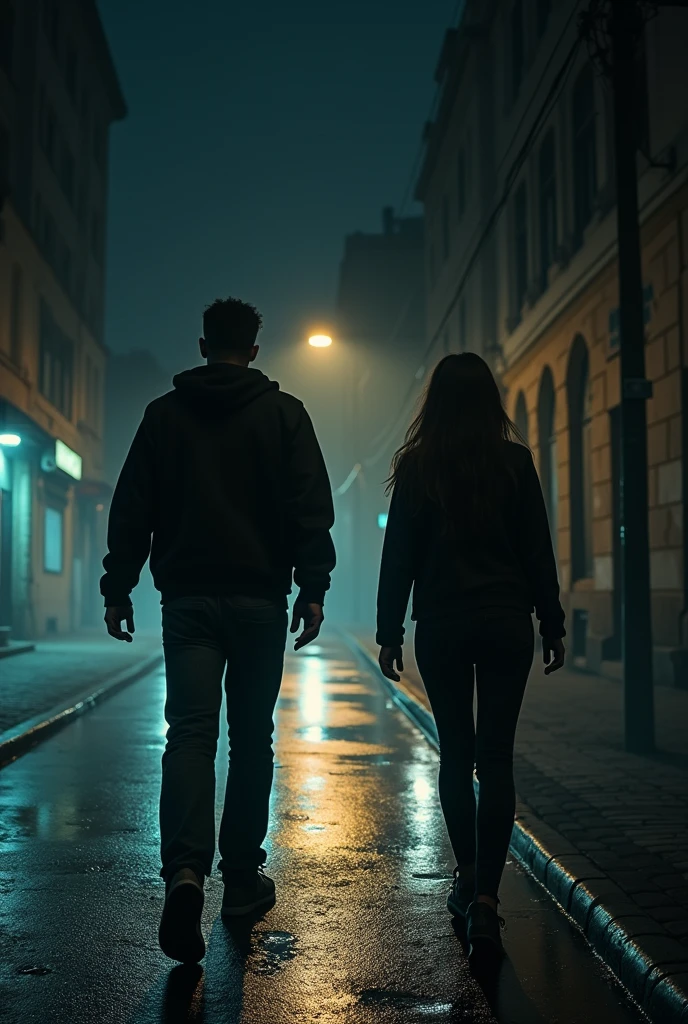 It shows a woman walking alone on a dark and deserted street in the city of La Paz.... (Bolivia). She turns around and sees a shadow of a man. Now make a shot of his running feet reflecting the urgency of the situation.