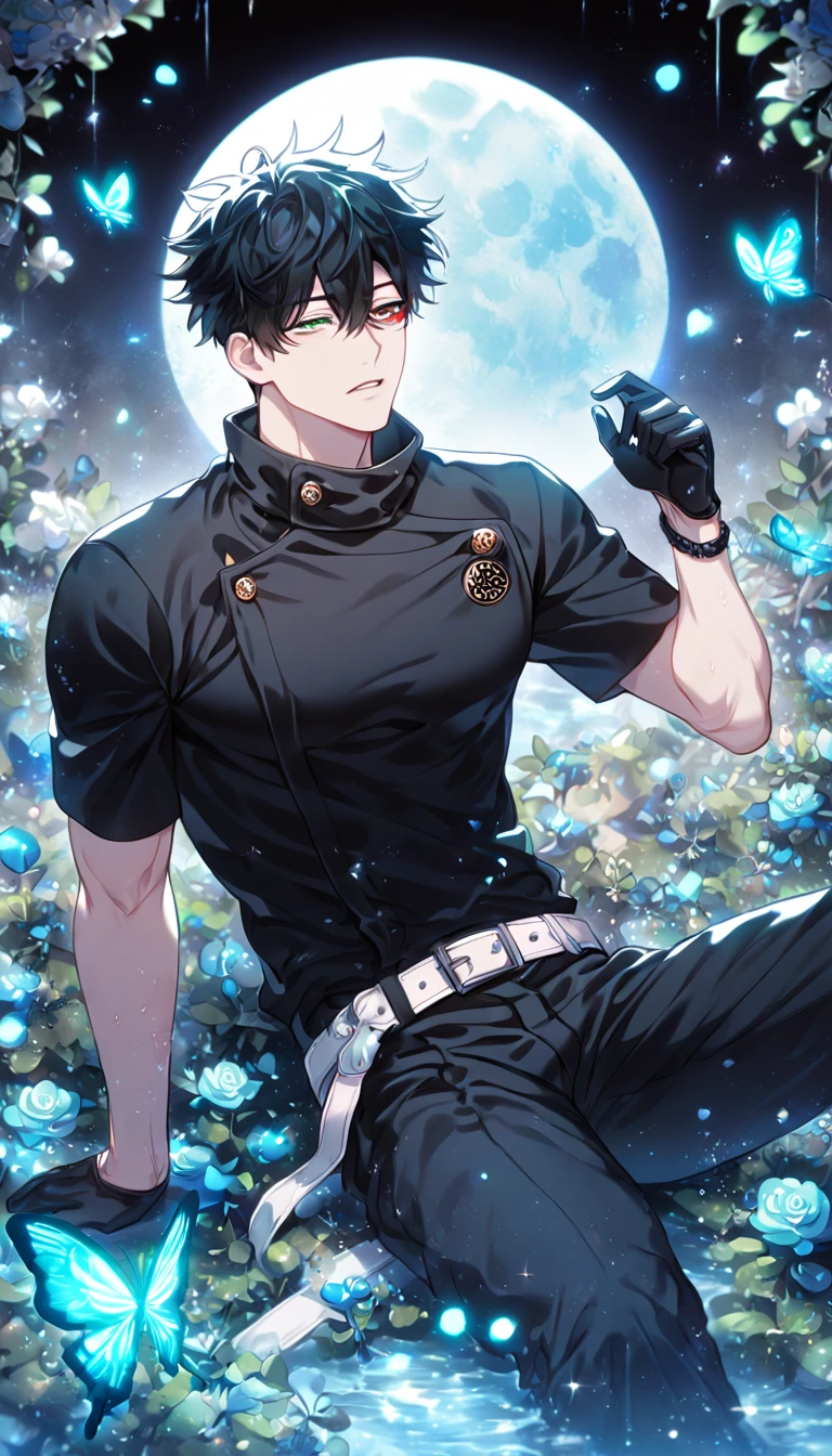 absurdres, highres, ultra detailed, HDR) master piece, best quality, extremely detailed, detailed eyes, delicated features, Kang Woojin, black hair, messy hair, heterochromia, expressive right red eye, expressive left green eye, hair between the eyes, Love Jinx, solo, sexy man, handsome, manly man sitting, sensual, adult face, jujutsu Kaisen uniform, black uniform, high collar, black gloves, black bracelet, white belt, black pants, fantasy, magical, glittering, water, blue flames, blue moon, blue flowers, blue butterflies, garden, Jujutsu Kaisen