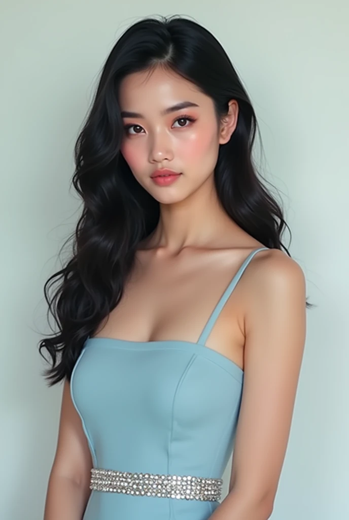 A young woman in a light blue dress, with a straight neckline and a rhinestone belt. He is fair and has a cut on his left leg. The hairstyle is long wavy hair, with a side quiff.black hair and the makeup is very natural and soft, with a focus on enhancing natural beauty. The skin has a flawless finish, com um leve brilho, and the eyebrows are well defined. The highlight is the black outline, that enhances the look, without exaggeration. The lips are nude in tone, complementing the makeup in a harmonious way.