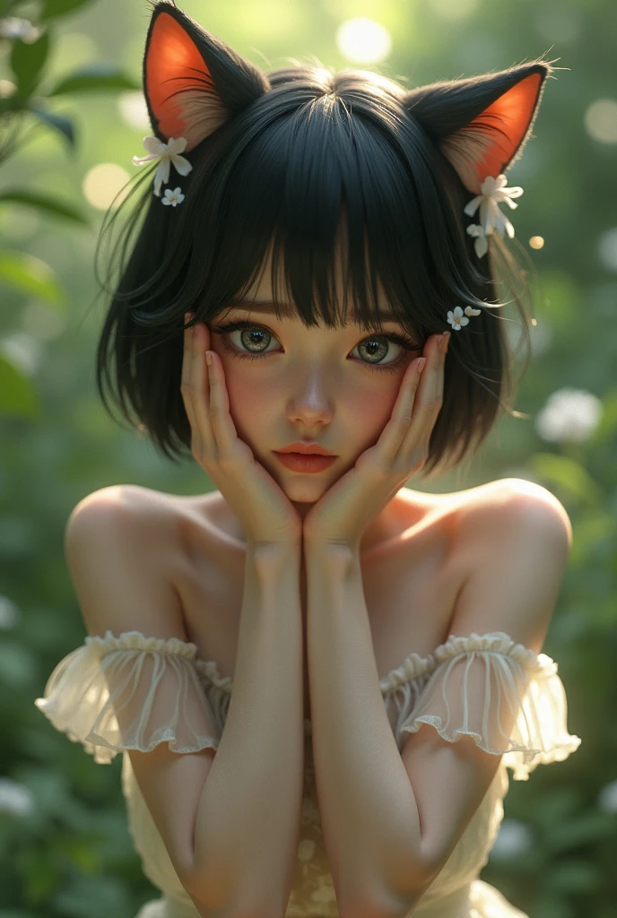 (8K, RAW photos, best quality, masterpiece:1.2), lexistdexist (Azur Lane), fantasy_world, 1 girl, (Egiosar:1), Lovely, senility, (Japanese Pop_Idol), Delicate and beautiful skin, Huge breasts, Animal ears, Black Hair, Cat ears, Gray eyes, short hair, sad hand exist own Face, (Reality:1.8), Key Points_exist_Face, look down, Raise your arms, Sunshine Milk, professiexistal lighting, photexist mapping, Radiosity, Physically Based Rendering, daytime, outdoor,
