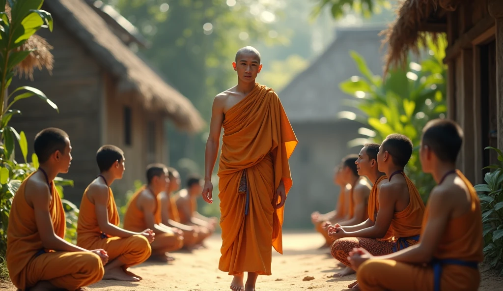 Khmer handsome young monk walk in village and ,Villagers kneel and respect monks