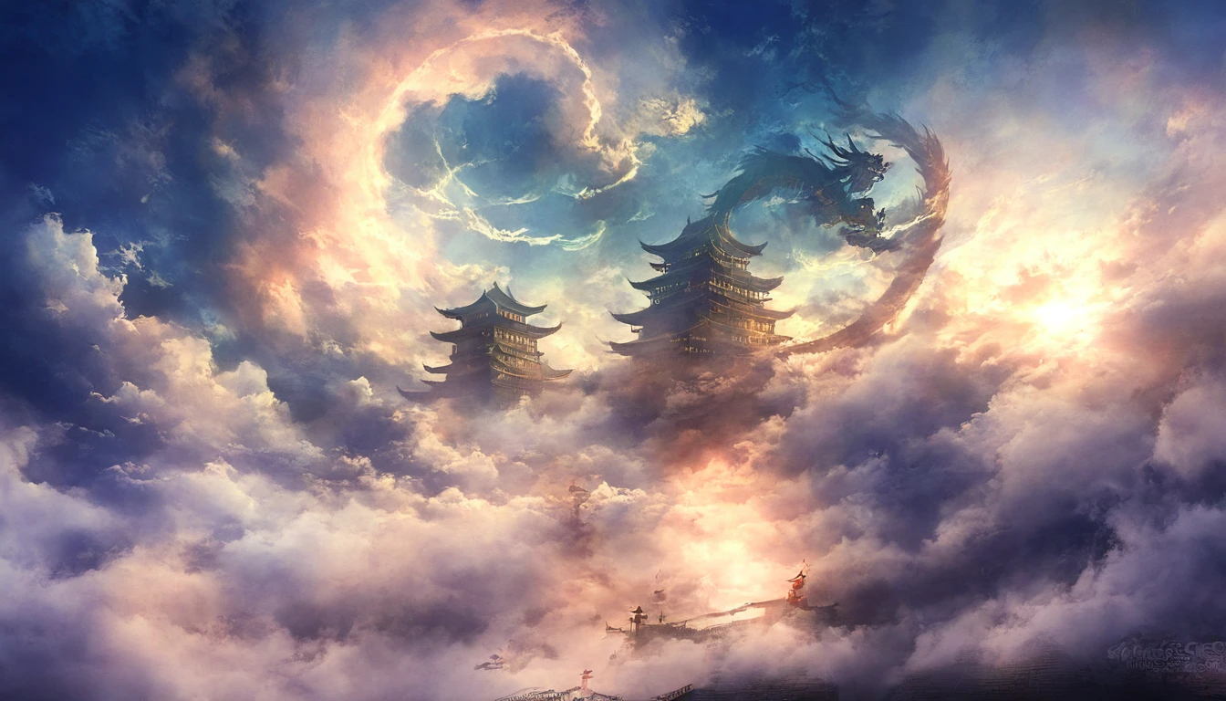 BJ_Sacred_bEast,red_eye,Outdoor,horn,null,cloud,no_human,bird,cloudy_null,scenery,stage,Fantasy,Dragon,architecture,East_Asian_architecture,Eastern_Dragon,Cinema Lighting,Strong contrast,High level of detail,Highest quality,masterpiece,