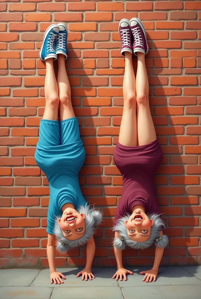 Realistic illustration Whimsical caricature of a funny old funny granny hair bun, blue dress blue sneakers , burgundy dress burgundy sneakers,  in front of a brick wall, they do handstands,laughs in a scene funny 3D whimsical painting.