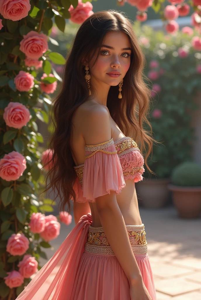Young girl Jennifer connelly young girl 1 model long hair Brow n blue eyes dress Pink golden arabic belly dance ruffles lace long golden earrings diamonds in patio roses makeup black stripe long blue eyeshadow 
