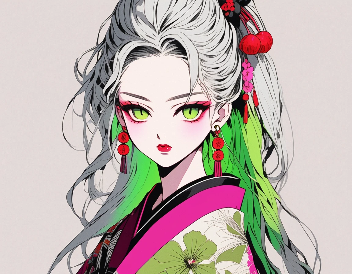 (Highest quality, sketch:1.2),Authenticistic,Illustrator,anime,1 girl, Detailed lips,custom,,Neon Hair,Texture Clipping,masterpiece, style: Retro Classic, Dark Black、Gray Hair、Silver Hair、Fair skin、Pink lips、Kimono with tank top、Red eyeshadow on the outer corner of the eye、Super Beauty、beautiful、Yellow-green eyes、Plum blossom background、A little angry face in preparation 
