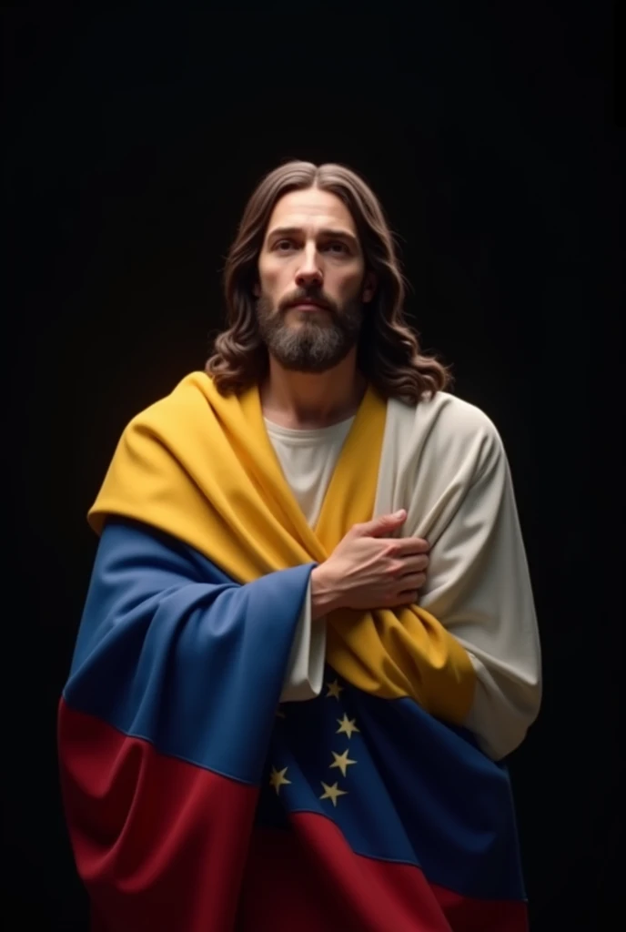 Animated Jesus hugging the Venezuelan flag with black background