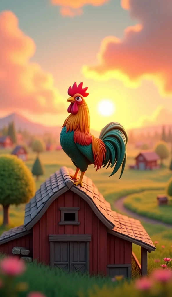 Draw a rooster with orange and green plumage on the roof of a large farm barn. The farm should be picturesque and detailed, with green fields and a sunrise sky with soft orange and pink tones, in a 3D animated style.