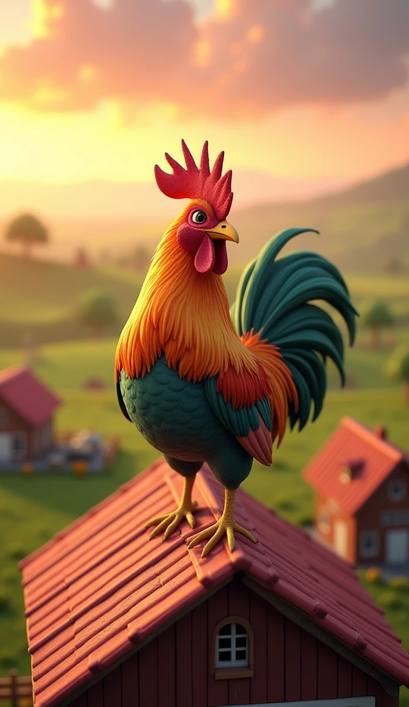 Draw a rooster with orange and green plumage on the roof of a large farm barn. The farm should be picturesque and detailed, with green fields and a sunrise sky with soft orange and pink tones, in a 3D animated style.