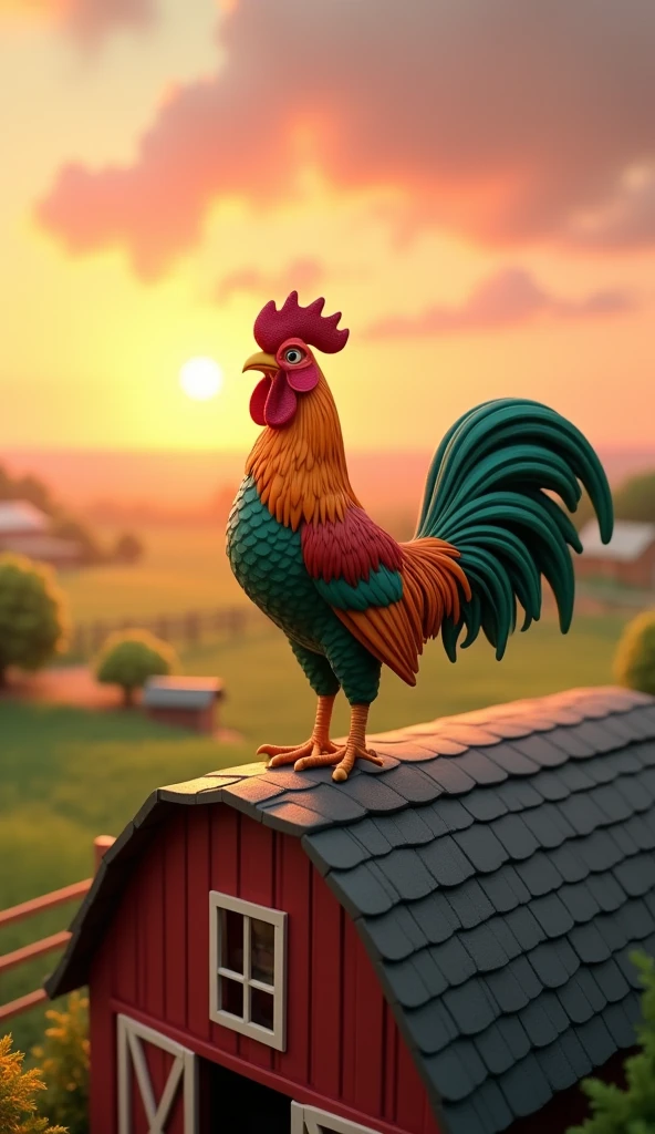 Draw a rooster with orange and green plumage on the roof of a large farm barn. The farm should be picturesque and detailed, with green fields and a sunrise sky with soft orange and pink tones, in a 3D animated style.