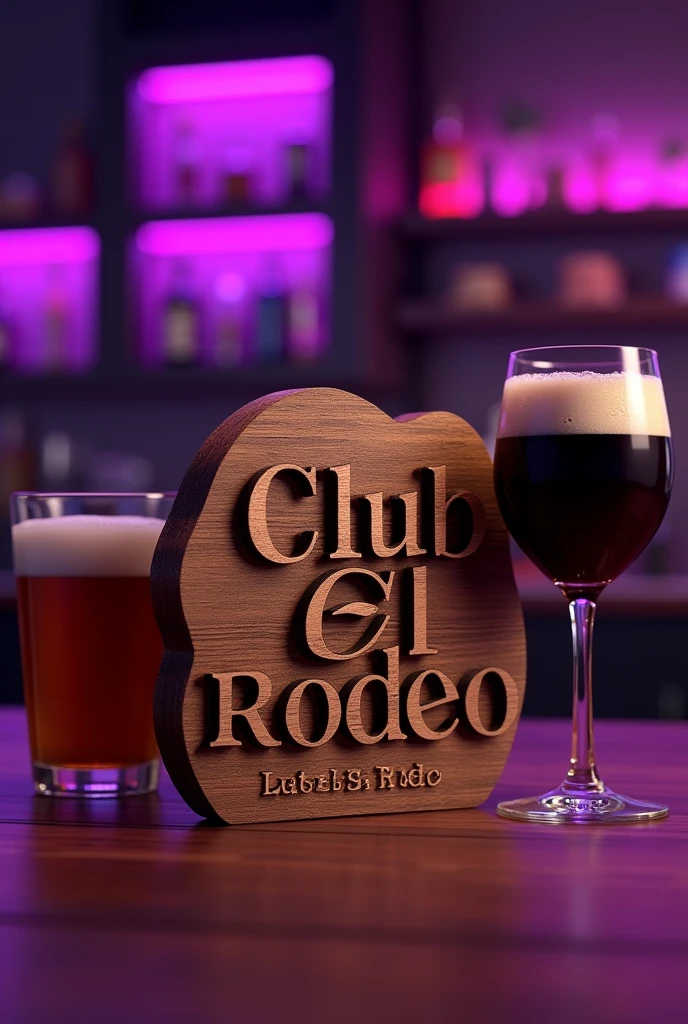 A wooden logo that says Club El Rodeo that is modern and creative with the color of the wood for a bar with a glass of beer and wine next to it and with purple lighting around the wall