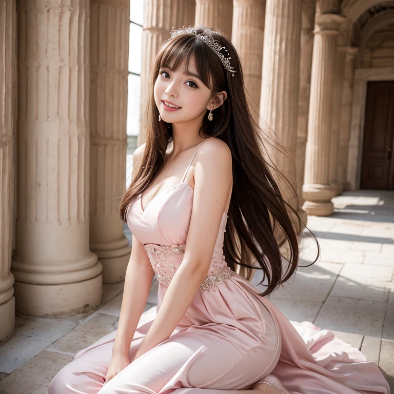 laughing out loud,(knee shot), 1 girl, light brown hair, blunt bangs, hair behind ears, Hair over the shoulders, long hair, Slender body type, Super thin face, face slimming, delicate lips, beautiful eyes, Thin blush, Eyes are light brown,Check it out here, (realistic:1.3), 8k, , Super detailed, high quality, best quality, High resolution,Wear pink wedding dress,Wear a big dress,wear princess dress,Wear a wedding dress,fairy princess dress,in a greek temple,Wedding ceremony,gauze dress,Wedding dresses,大gauze dress,tutu dress,