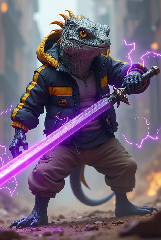 A grey lizard with yellow stripes that wears a black mix with grey and yellow line  puffer jacket. Also that wears khaki loosepants. The grey lizard holding a purple energy sword. Add some purple lightininng on the sword.. and its yellow stripes on the body wothe some yellow lightining on it. Add some intense fighting stance too.