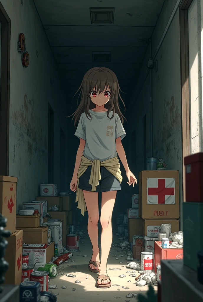 Anime girl with long hair disheveled t-shirt and shorts with sweater tied at waist in an apocalypse gathering supplies in a room 