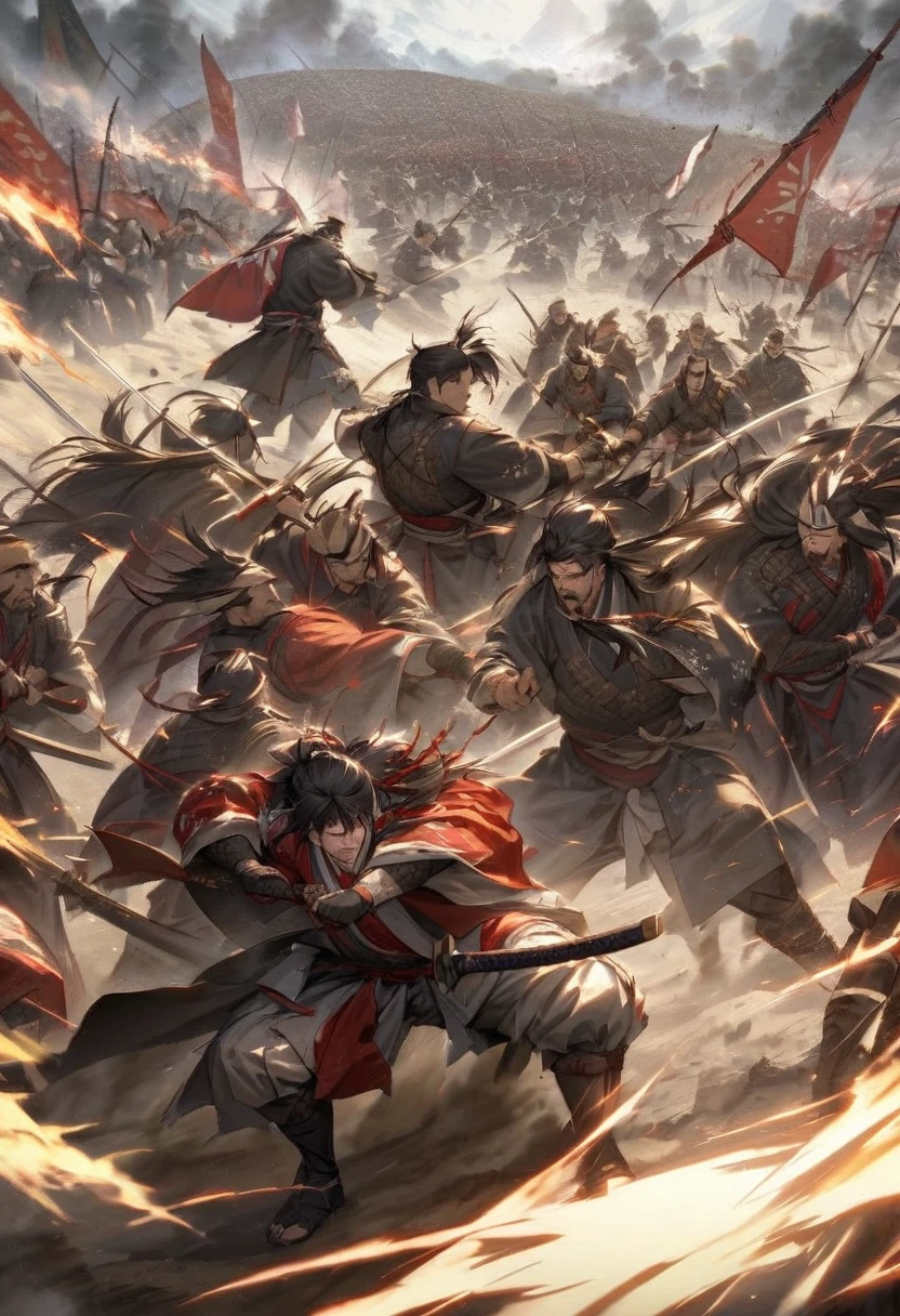 A dramatic moment of victory on a chaotic battlefield, where a samurai leader with a single visible eye orchestrates a stunning reversal. The battlefield, once dominated by the enemy, is now in turmoil as the samurai's forces, reinvigorated by his command, launch a fierce counterattack. The leader, positioned at the front lines, raises his katana high, his expression fierce and determined. The enemy, caught off guard, begins to flee, the once desperate situation transformed into a decisive triumph. Dust and banners fill the air, symbolizing the dramatic shift in fortune."