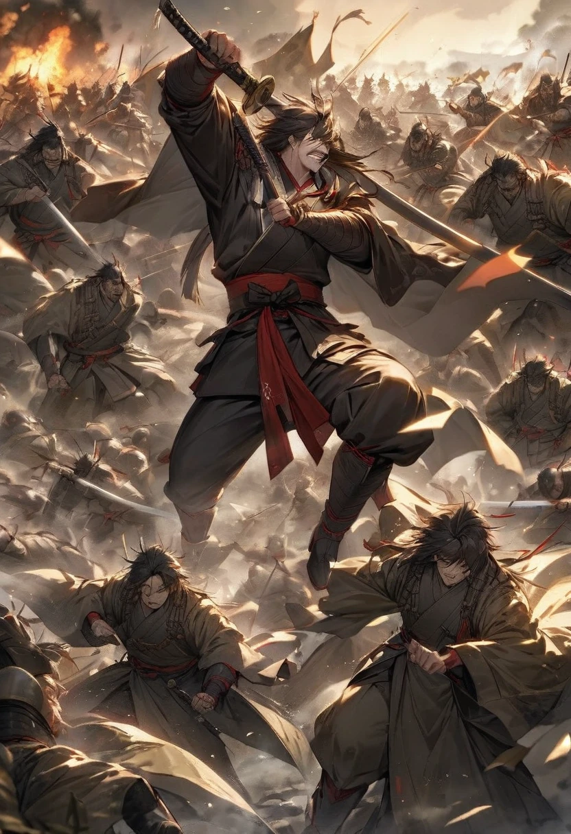 A dramatic moment of victory on a chaotic battlefield, where a samurai leader with a single visible eye orchestrates a stunning reversal. The battlefield, once dominated by the enemy, is now in turmoil as the samurai's forces, reinvigorated by his command, launch a fierce counterattack. The leader, positioned at the front lines, raises his katana high, his expression fierce and determined. The enemy, caught off guard, begins to flee, the once desperate situation transformed into a decisive triumph. Dust and banners fill the air, symbolizing the dramatic shift in fortune."