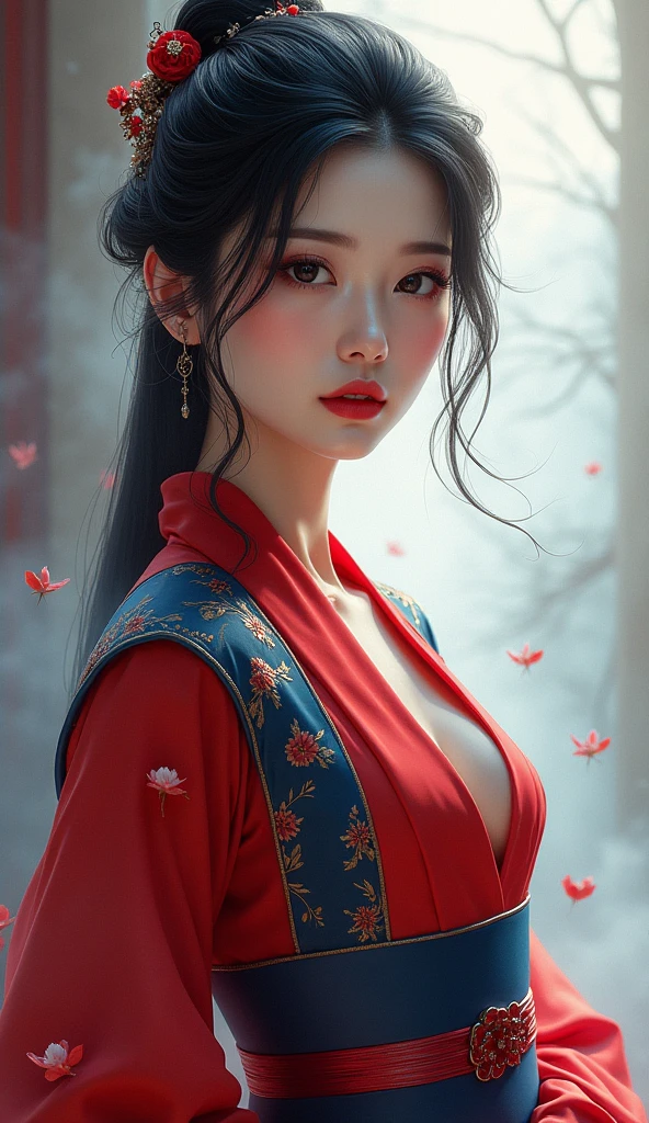 araffe asian woman in a red and blue outfit posing for a picture, a photorealistic painting by Lü Ji, cgsociety, fantasy art, nico robin, dilraba dilmurat, beautiful asian woman