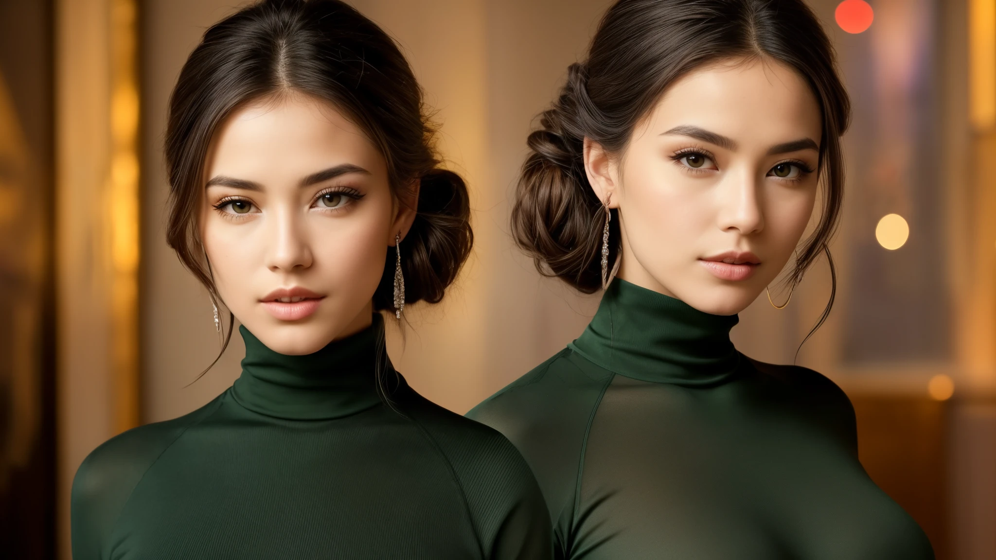 photo of extremely sexy (luh4nn4-130:0.99), a woman as a sexy student, upsweep updo, sexy waist, (tight green long sleeve turtleneck top), (long trousers), (windblown hair), necklace, at a nightclub, dancing seductively, (masterpiece:1.5) (photorealistic:1.1) (bokeh) (best quality) (detailed skin texture pores hairs:1.1) (intricate) (8k) (HDR) (wallpaper) (cinematic lighting) (sharp focus)