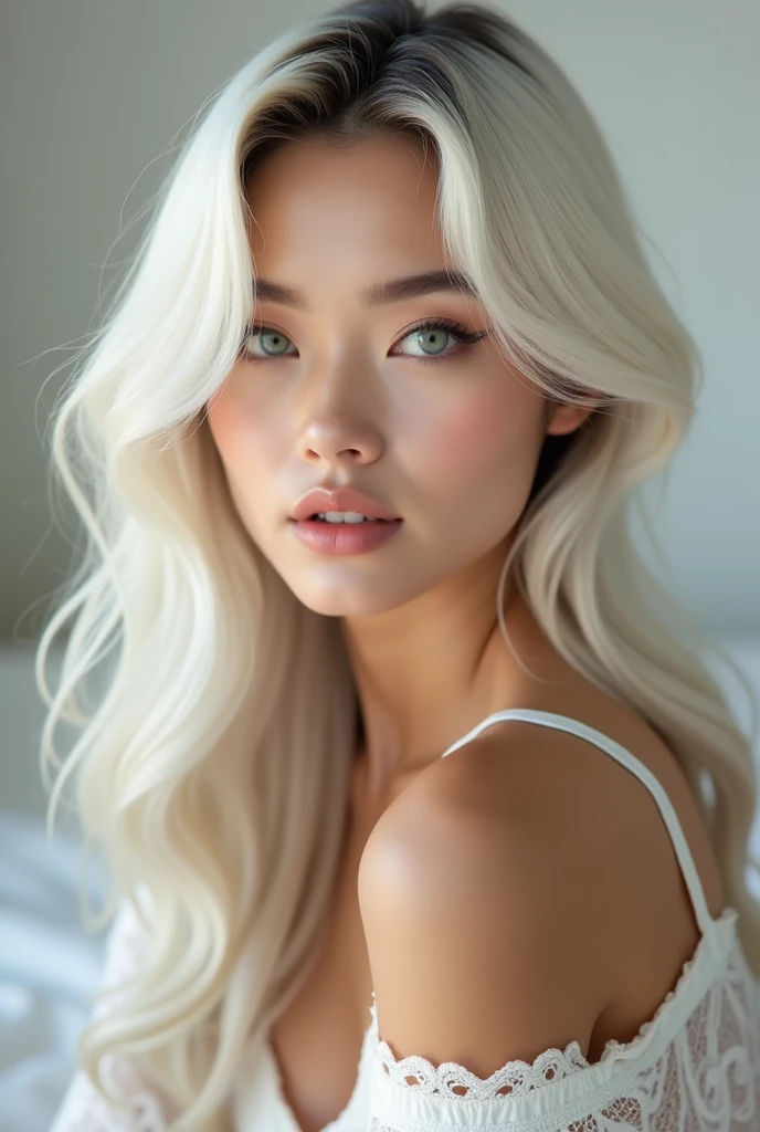 Feminine and elegant model with white hair and dark roots, she is 20 years old and has light green eyes. Eyes looking at the camera with a confident and deep face. Beautiful, healthy and nourished hair. Long and wavy hair. Very pale (white) skin. Brown eyebrows. Slim and small model body. Feminine and delicate face. Full lips. Long and beautiful eyelashes. He has a "diamond" type face. Chin slightly divided. Girl of Russian ethnicity. He has a perfect body, without physical anomalies. He has five fingers on each hand. Totally symmetrical body. Professional image. Full body image lying on the bed face up. Wearing white lace clothes