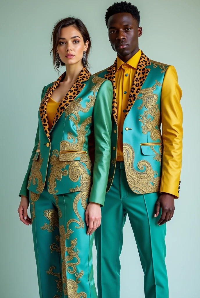 suit set. blue colors, green and yellow. Leopard print details in some parts. gold accents. white stars. Female and male version.