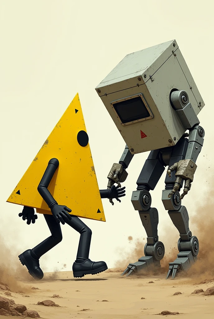 Yellow triangle with one eye with black hands and legs that is fighting with a cabin with legs and feet of cars a robotic hand and a hand with a T Rex head