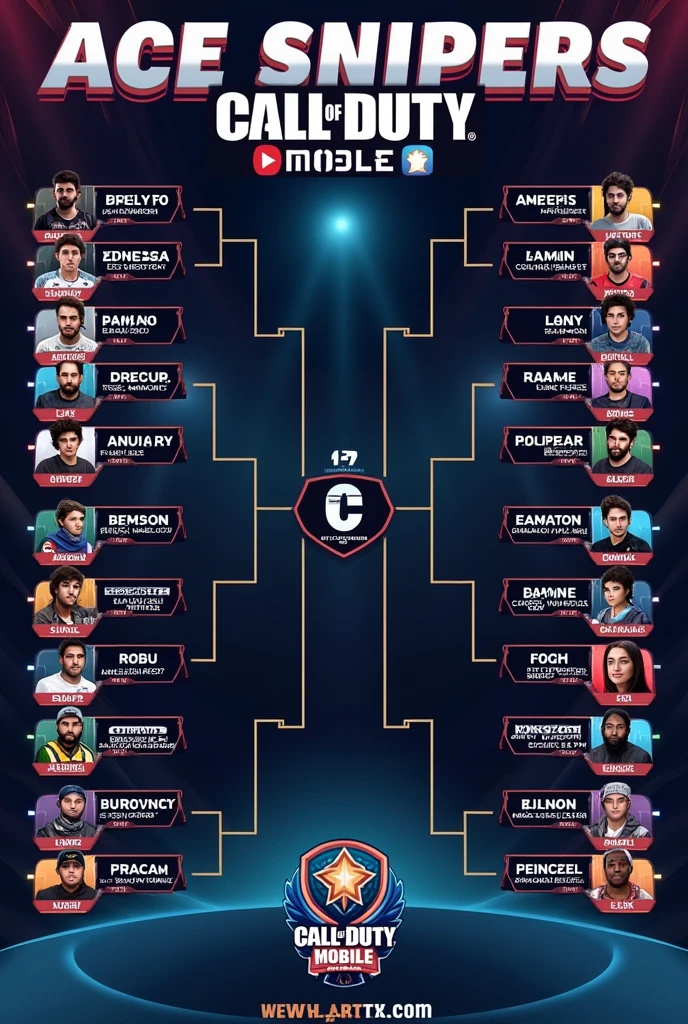call of duty mobile championship competition bracket board vector with 8 participants on each side with only the boards,with the name of the championship  "Ace snipers"