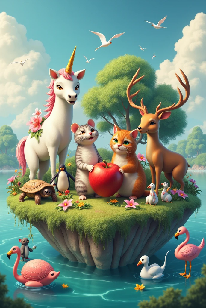 unicorn, otter, turtle, Parrot, penguin, mouse, Crab, Swan Island, flamingo, Cat and deer eating apple