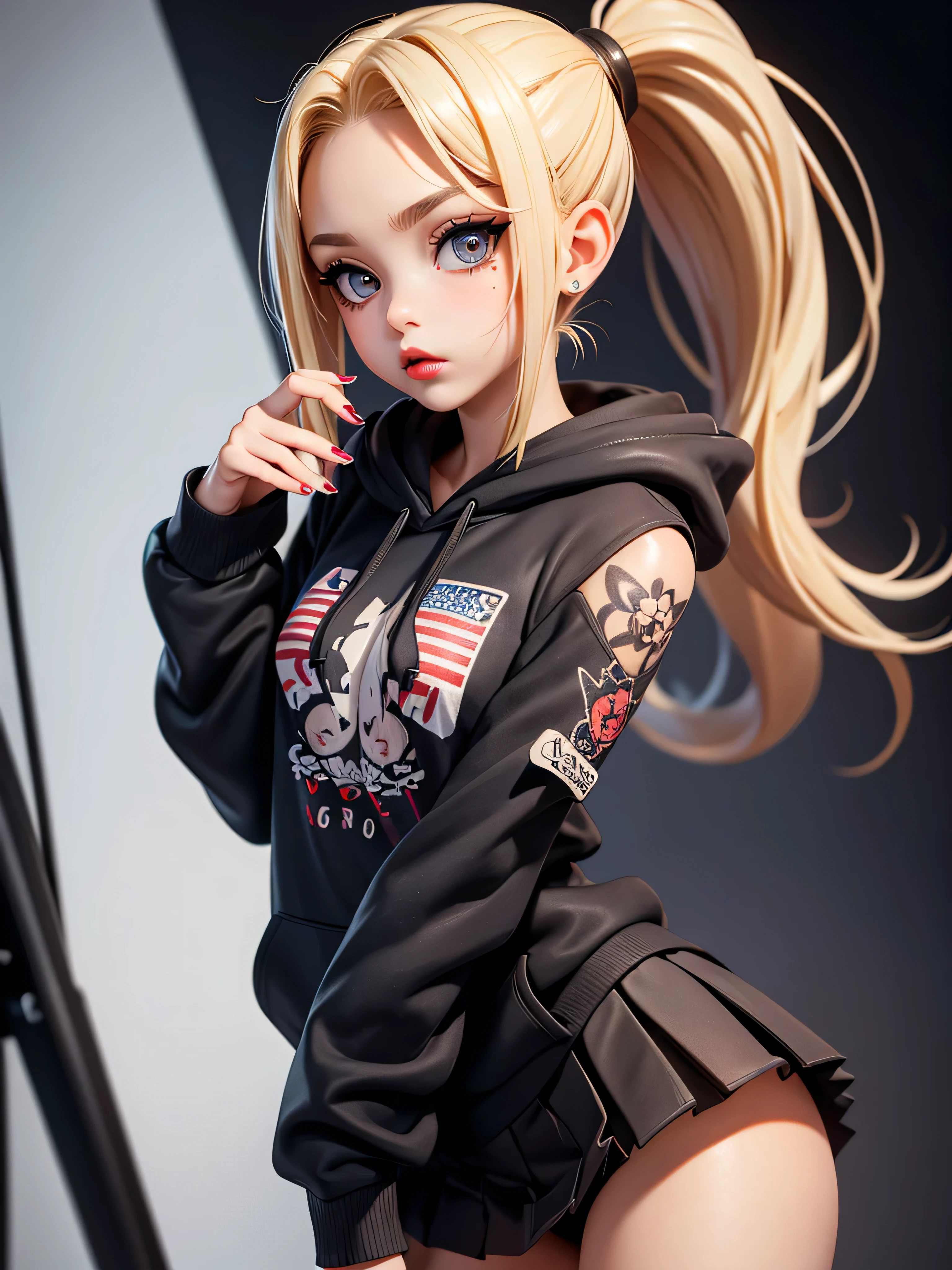 Surreal American Teen, blonde, ponytail,tall, perfect , sexy, Heavy makeup, Perfect slim face, Big Red Lips, Very cute face, , Big eyes, looks young, Mature appearance, 少し few clothes,tattoo,tattoo,tattoo,tattoo,Cut and sew dress ,hoodie,Pleated skirt,