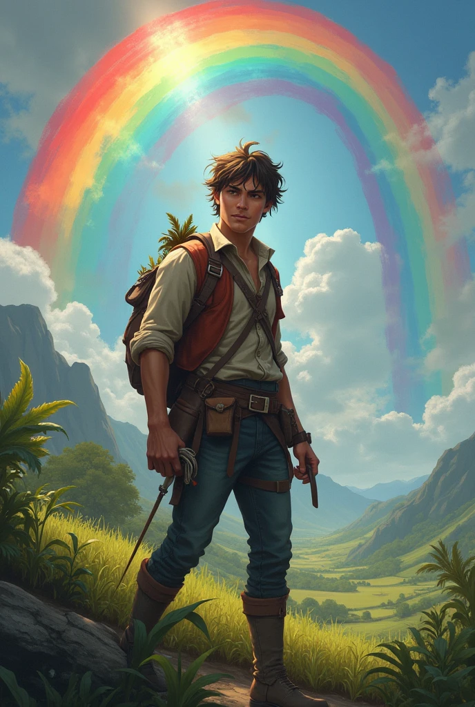 Handsome young man searches for treasure at the end of the rainbow