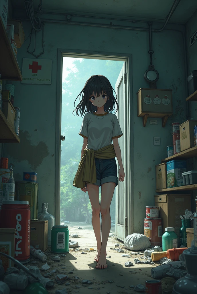 Anime girl with long hair disheveled t-shirt and shorts with sweater tied at waist in an apocalypse gathering supplies in a room