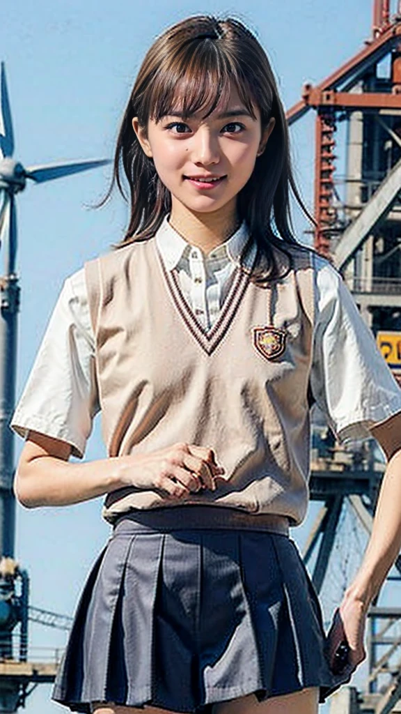 masterpiece, Highest quality, High resolution,8k, 1 hair clip, Tokiwadai School Uniform、Tokiwadai school emblem on the left chest、Short sleeve、 Photorealistic,Several wind turbines can be seen nearby.、blue sky、smile、Raise your index finger、Electricity shoots out from my fingers、Electric shocks burst from the body、Light grey mini skirt