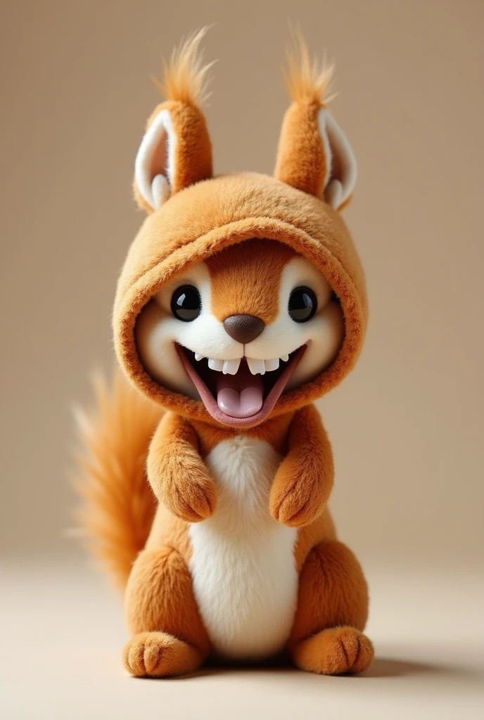 Brown squirrel doll with a hood with a molar design and two teeth sticking out together