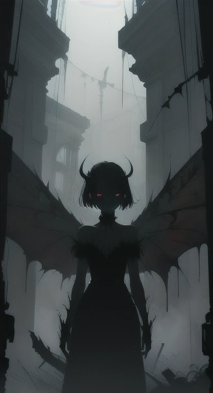 Foggy ancient ruins, ancient female creature, demonic silhouette, fairy shadow figure, red eyes, eyes in the fog, rotting, looking dead, torn wings,