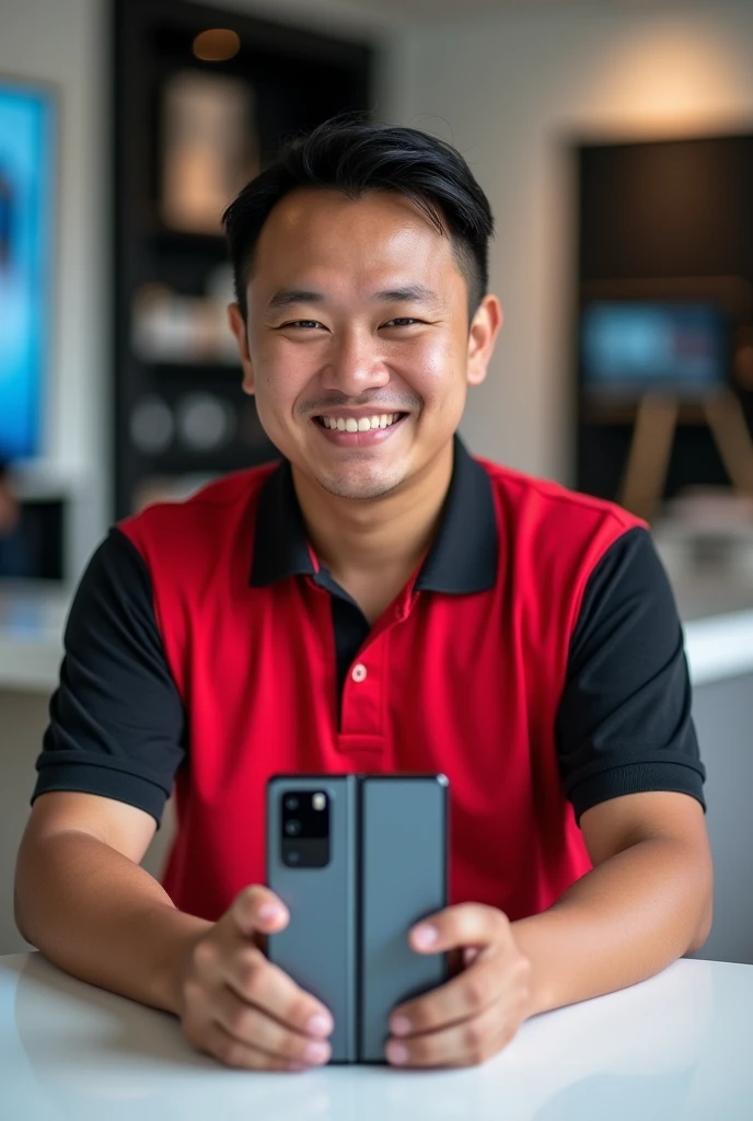 Filipino Sales person wearing red and black polo shirt holding a samsung z fold6 phone with confidence and smiling while sitting